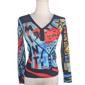 Noun Paris Vintage Y2K Mesh Graphic Zip V-Neck Long Sleeve S Cyber E-girl